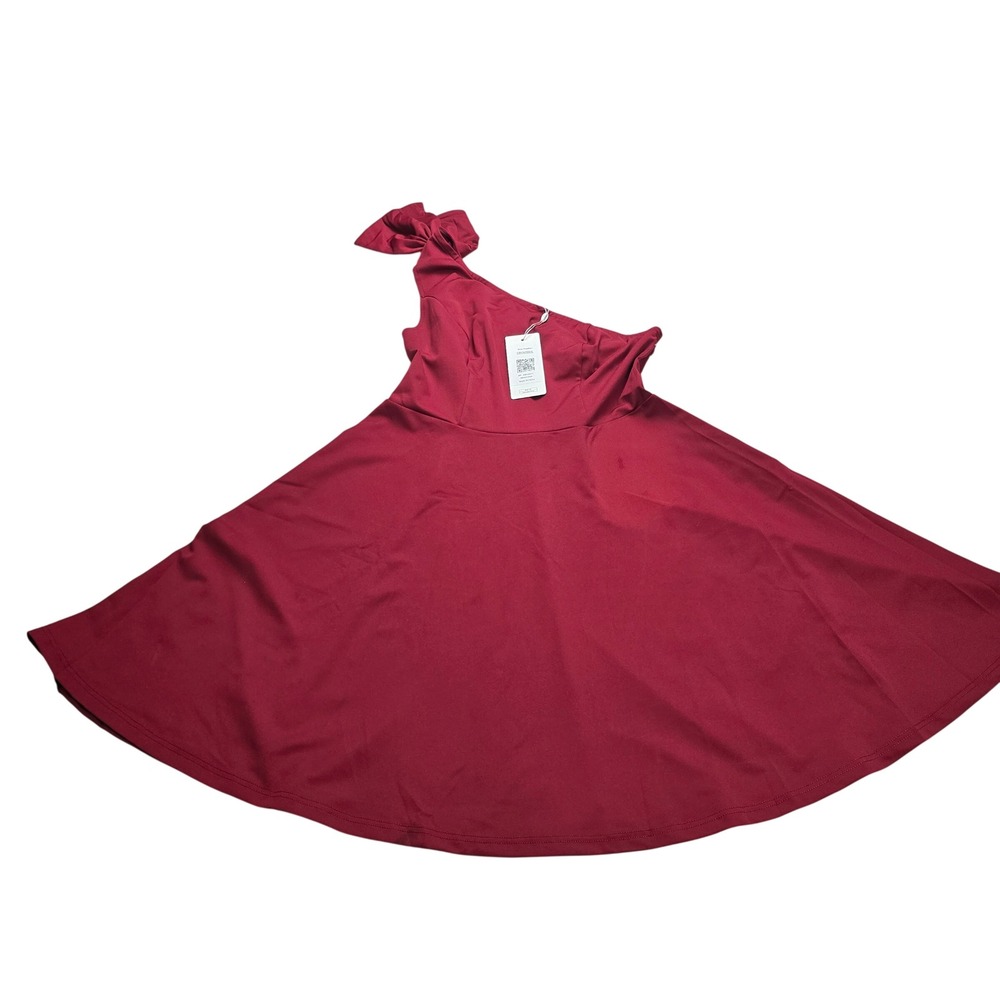 Ever-Pretty‎ One Shoulder Skater Dress Womens XL Burgundy NWT Bow Detail
